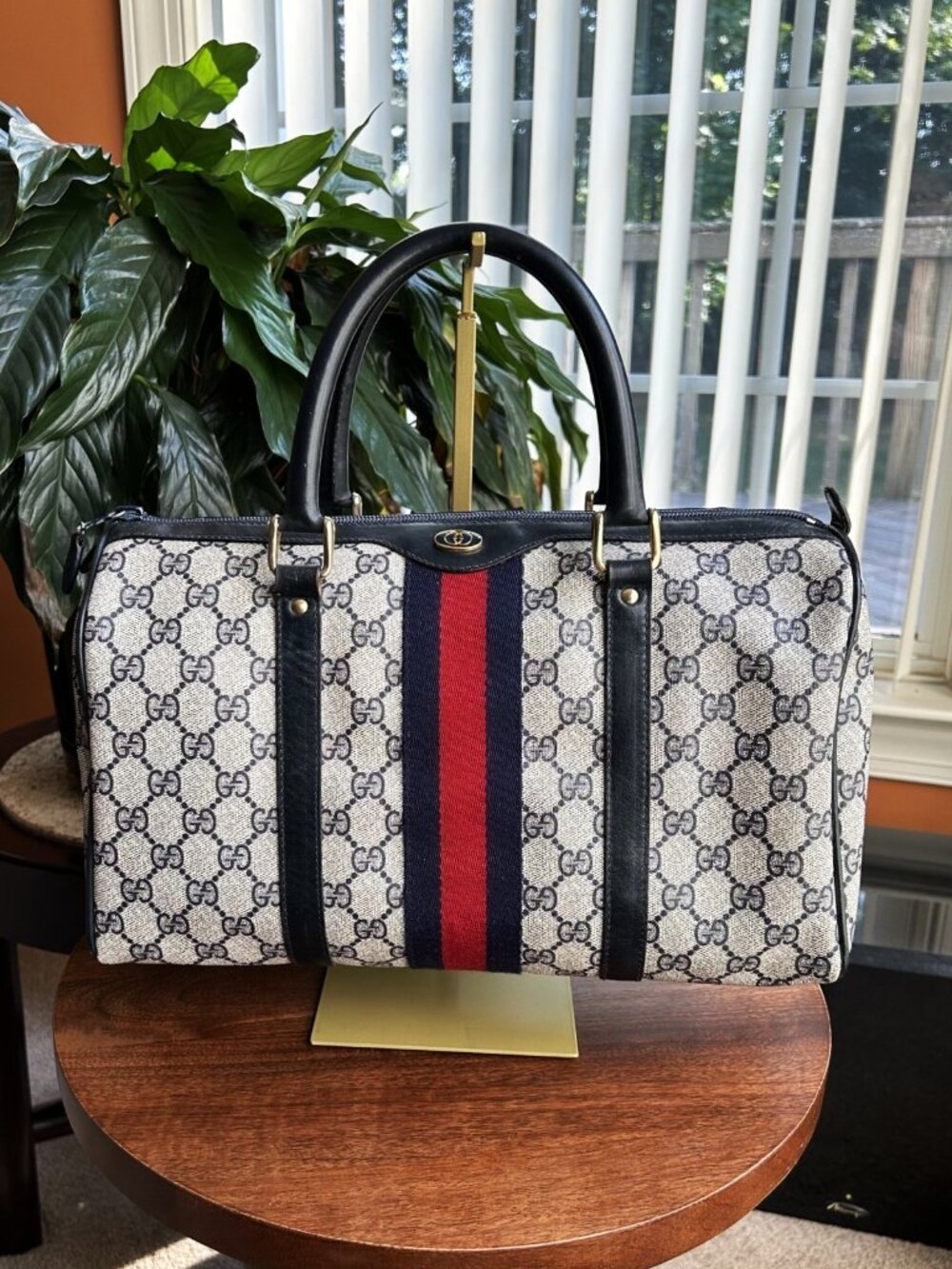 GUCCI GG Supreme Monogram Sherry Web Boston Bag, Navy